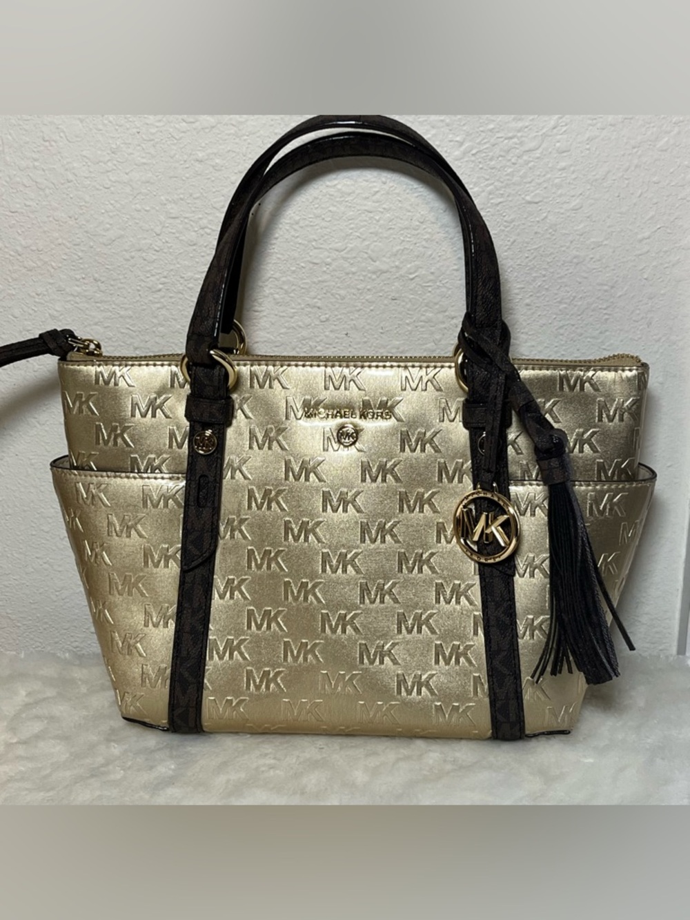 Michael Kors Voyager Gold MK EMBOSSED Handbag Crossbody Bag
